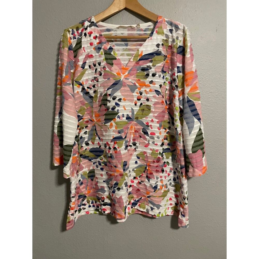 Soft Surroundings Womens Top XL White Floral Rayon Blend Semi Sheer Art to Wear
